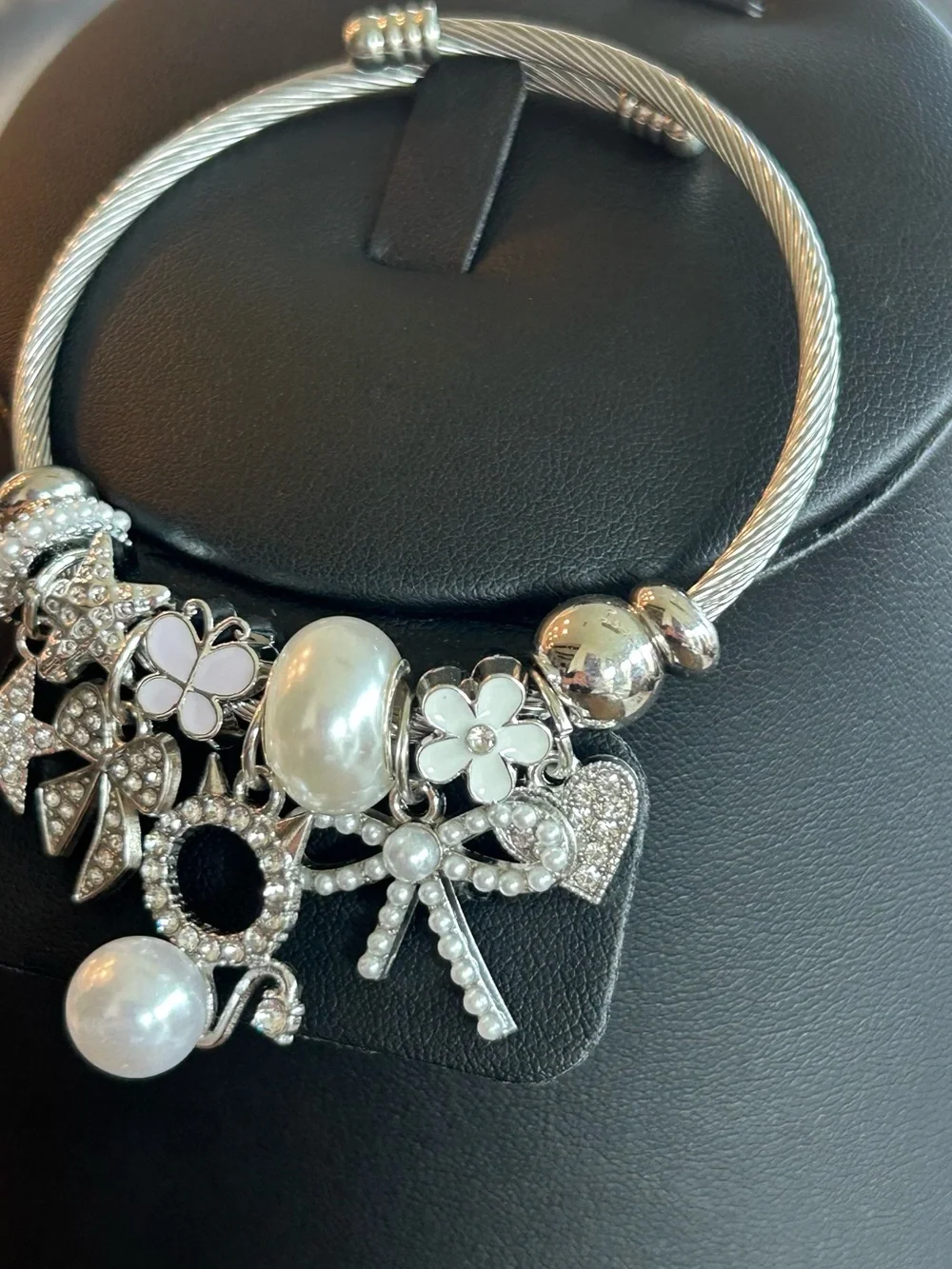 Brand New  Silver-Tone Charm Bangle with Faux Pearls & Floral Accents